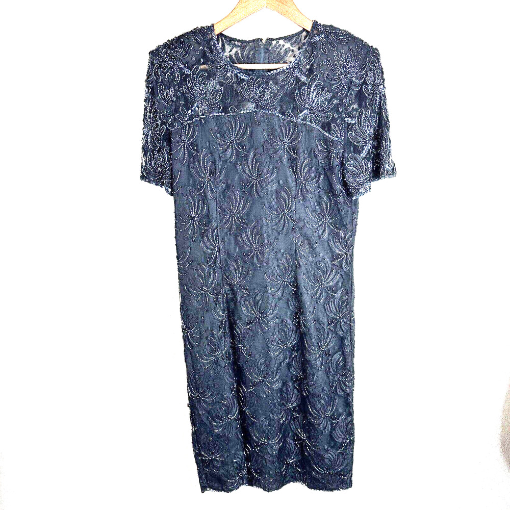 Vintage Black Beaded Party Dress‎ Shoulder Pads 8 Classic